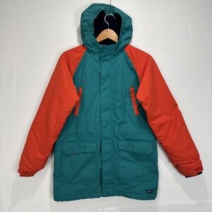 Lands' End Women's Size Large 14-16 Teal and Orange Jacket Hooded Fleece Lined